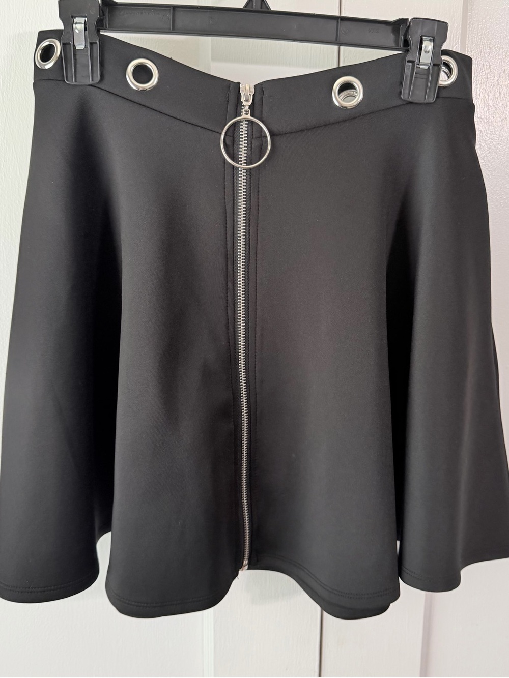 Hot Topic Black Mini Skirt with Silver Eyelets and Front Ring Zipper